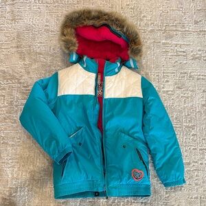 Burton Teal and White Girls' Winter Jacket with Pink Lining and Faux Fur Hood